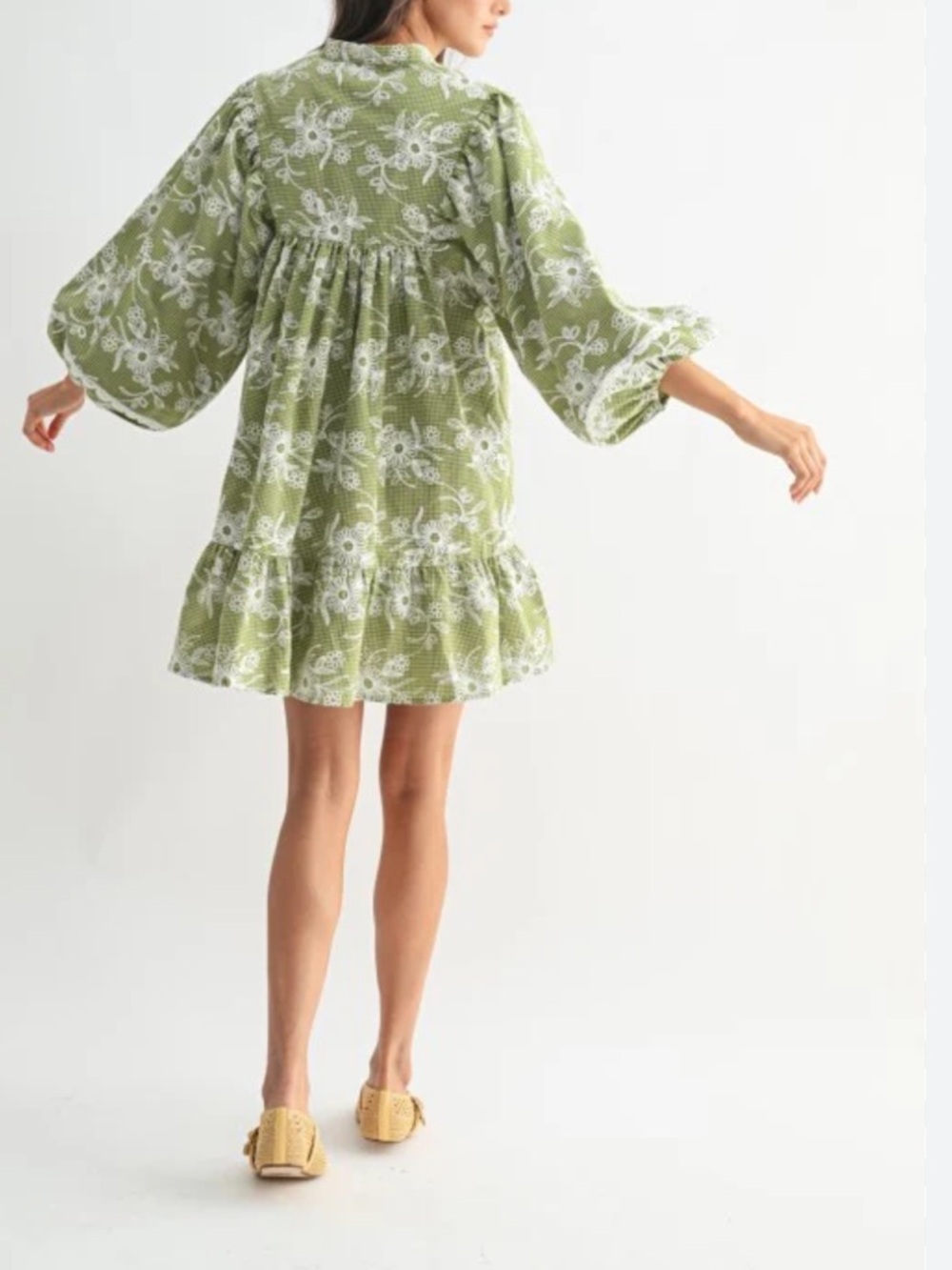 Balloon-Sleeve Floral Green Spring Summer Dress Boutique Camellia Large NWT - Picture 2 of 9